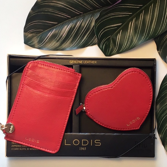 LODIS Genuine Leather Red Heart Coin Case Gift Set Wallet Clutch